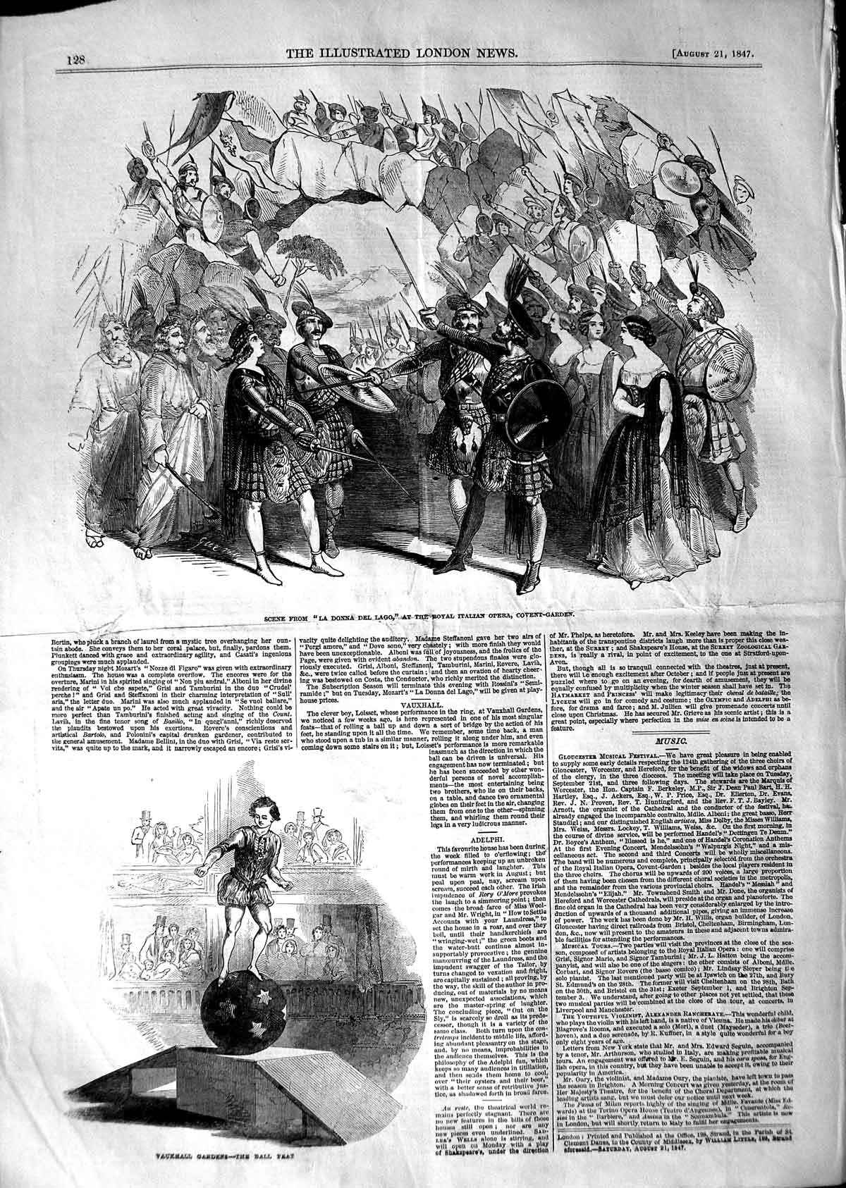 Original Old Antique Print 1847 Vauxhall Gardens Opera Donna Lago Covent 19th