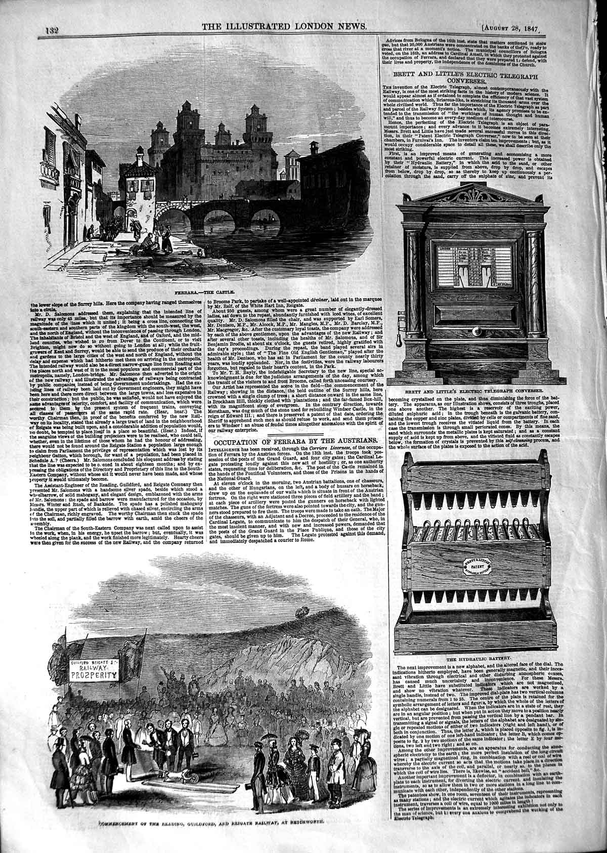 Original Old Antique Print 1847 Ferrara Castle Guildford Reigate Railway 19th