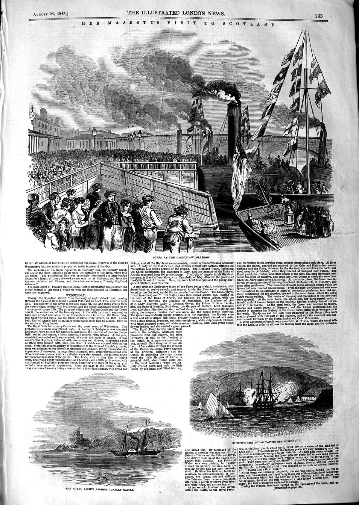 Original Old Antique Print 1847 Queen Scotland Bromielaw Glasgow Dunally Castle