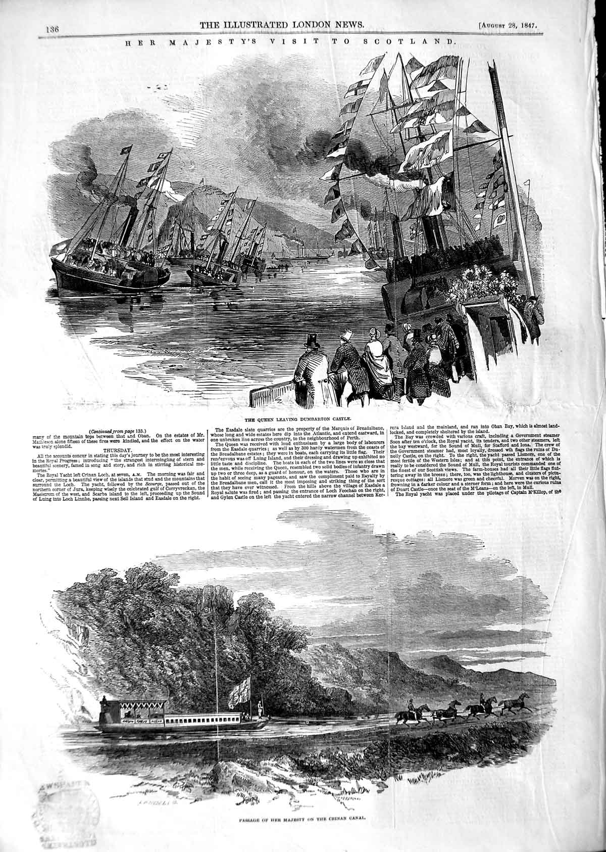 Antique Print *3163 1847 Queen Scotland Dumbarton Castle Crinan Canal Boat
