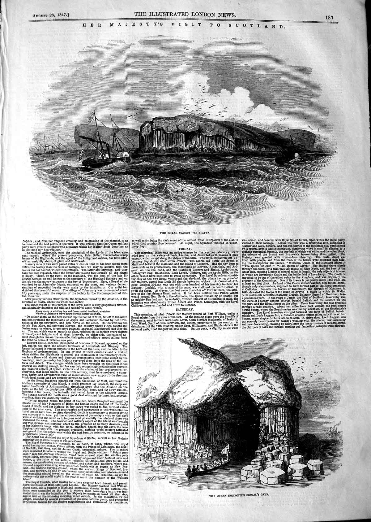 Original Old Antique Print 1847 Queen Scotland Royal Yacht Staffa Fingal'S Cave