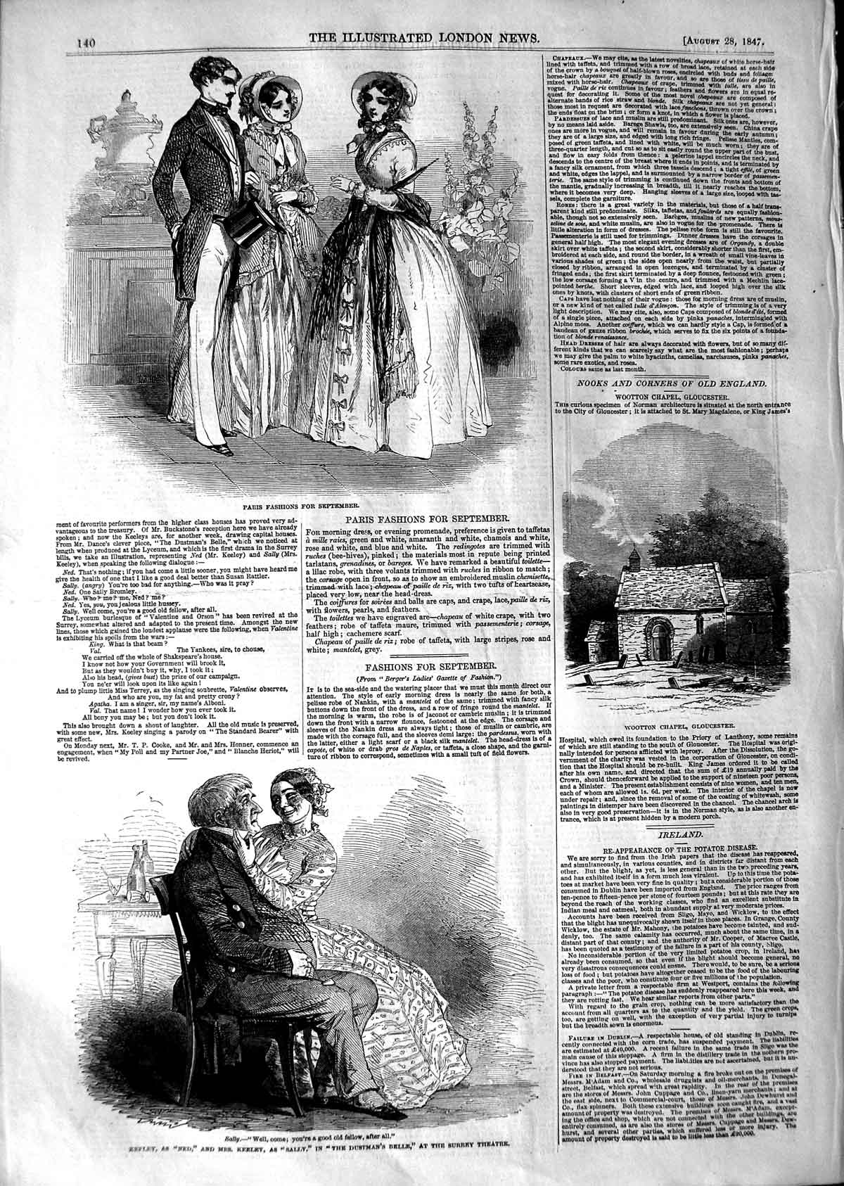 Old Antique Print 1847 Paris Fashion Keeley Surrey Theatre Wootton Chapel 19th