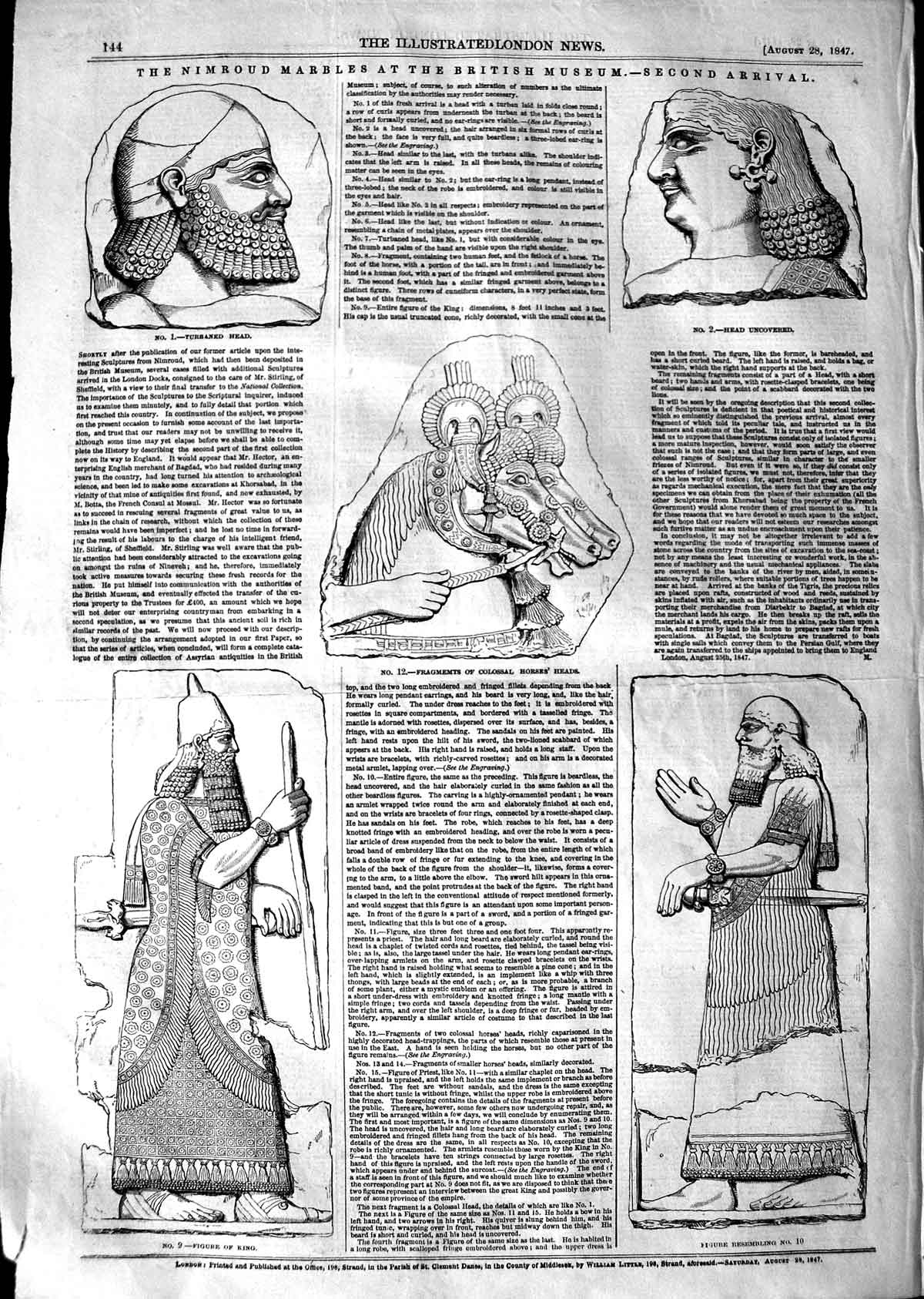 Old Antique Print 1847 Nimroud Marbles British Museum Horses Head Figure 19th