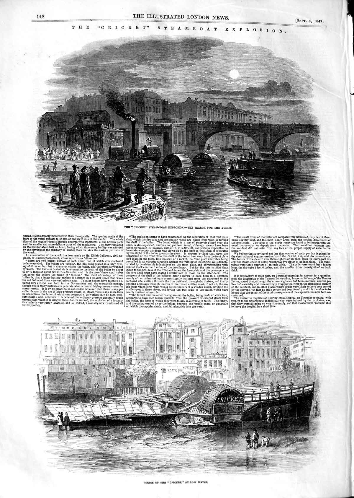 Old Antique Print 1847 Cricket Steam-Boat Explosion London River Thames 19th