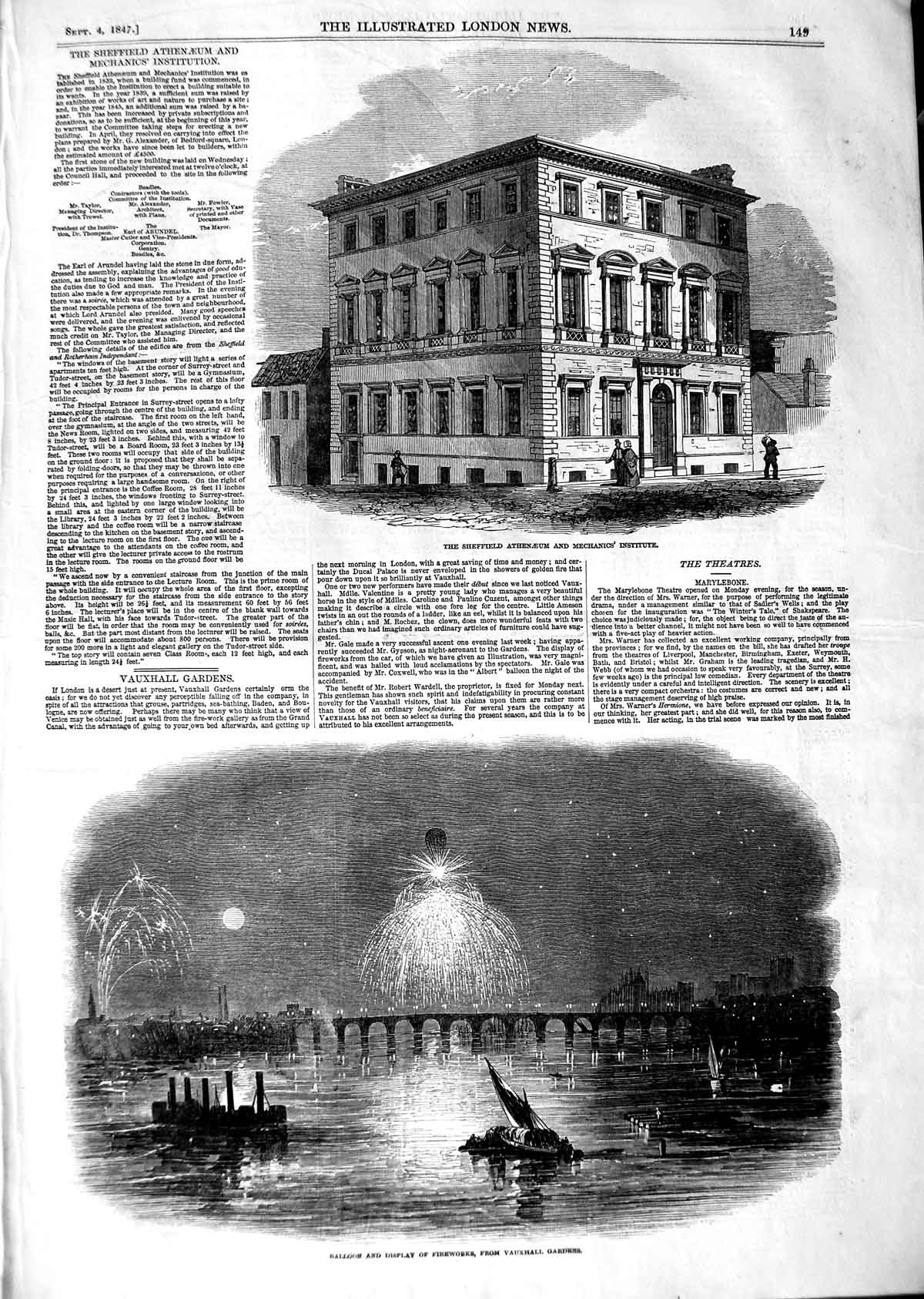 Original Old Antique Print 1847 Sheffield Athenaeum Mechanics Vauxhall Gardens
