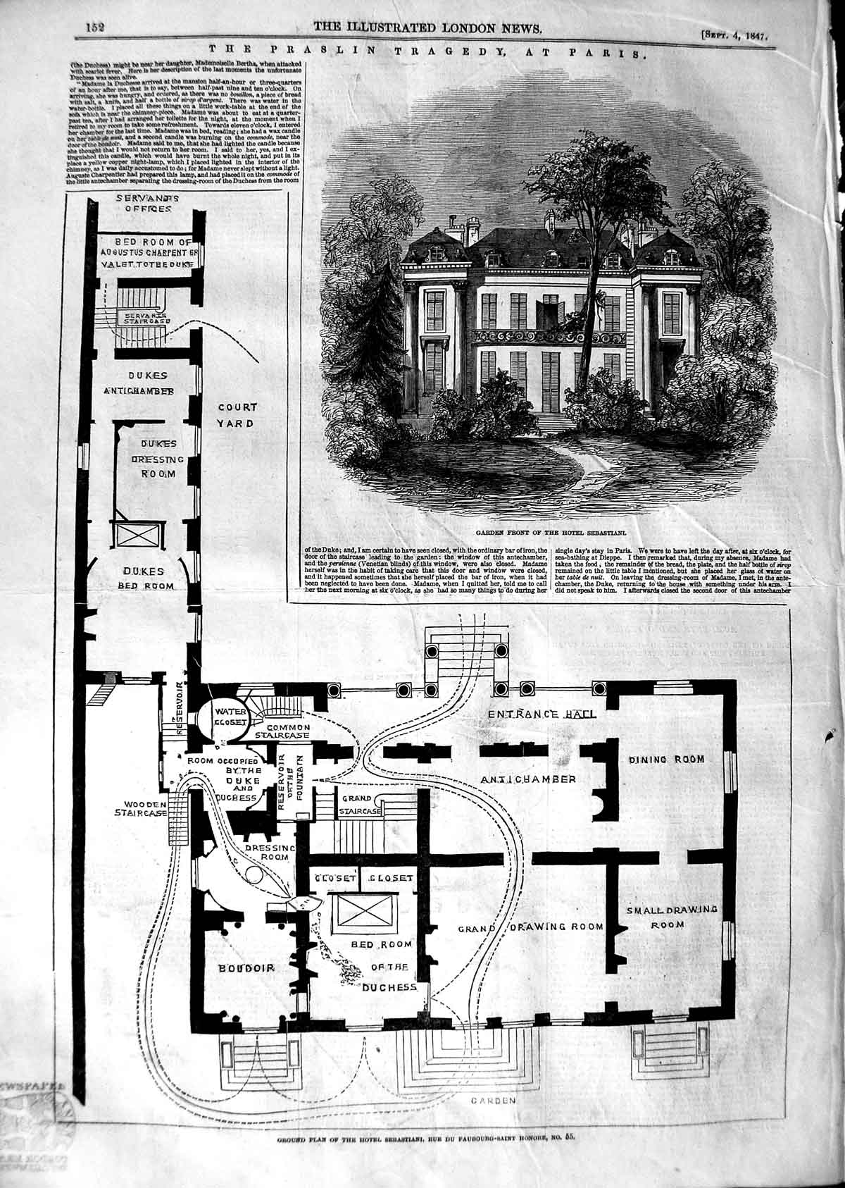 Original Old Antique Print 1847 Praslin Murder Paris Hotel Sebastiani Lux 19th