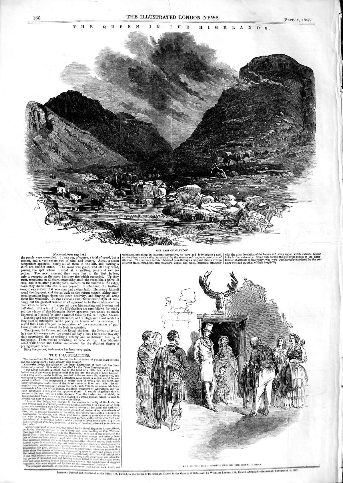 Original Old Antique Print 1847 Queen Scotland Pass Glencoe Scotch Bard Royalty