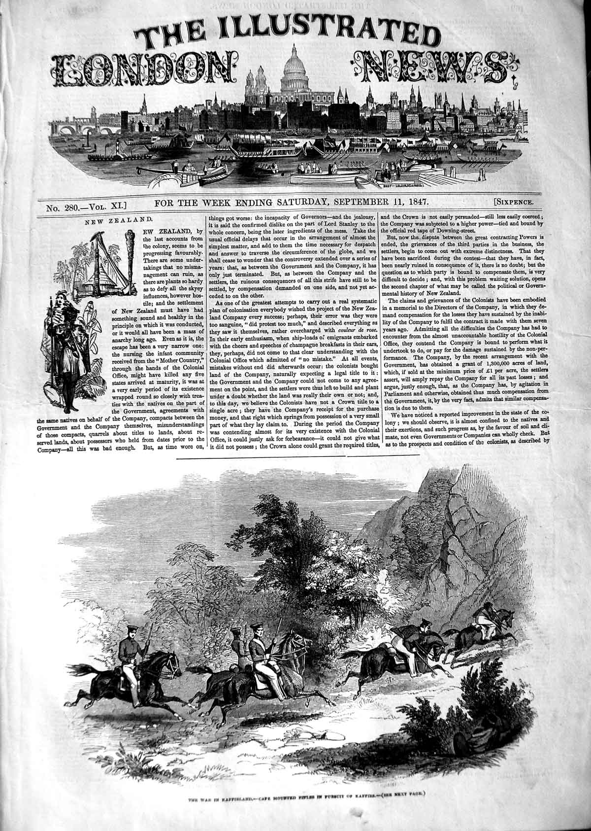Original Old Antique Print 1847 War Kaffirland Cape Mounted Rifles Siers 19th