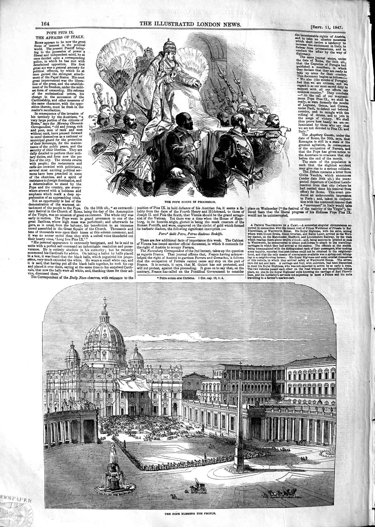Old Antique Print 1847 Pope Pius Italy Procession Scene Blessing People 19th