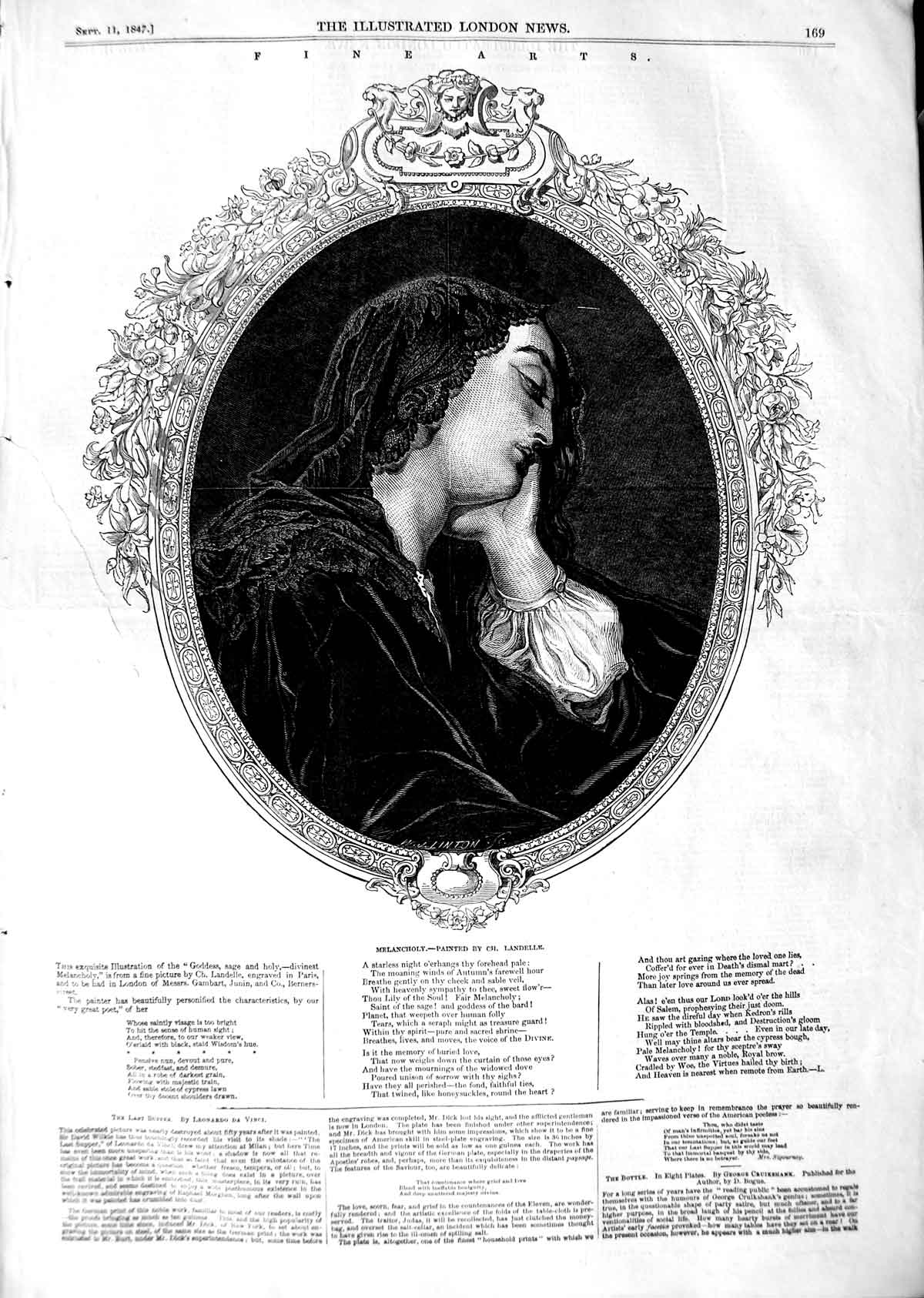 Old Antique Print 1847 Landelle Fine Art Melancholy Beautiful Lady Woman 19th