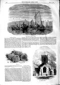 Original Old Antique Print 1847 Lobster Fishing Boats Pots New Church Cranoe