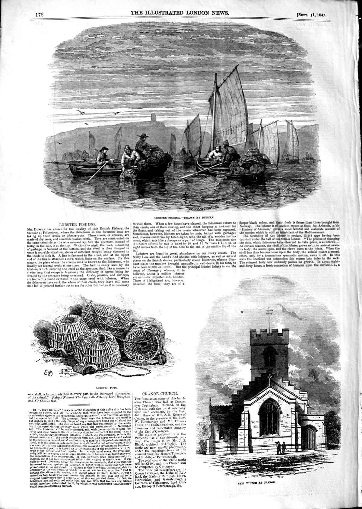 Original Old Antique Print 1847 Lobster Fishing Boats Pots New Church Cranoe