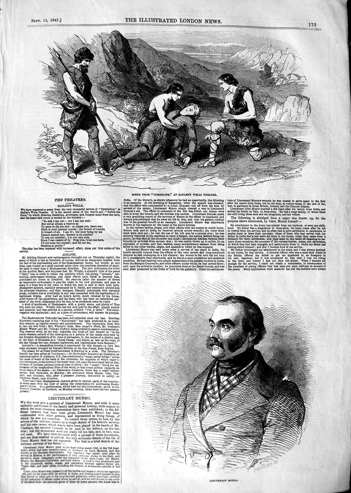Original Old Antique Print 1847 Lieutenant Munro Cymbeline Sadler'S Wells 19th