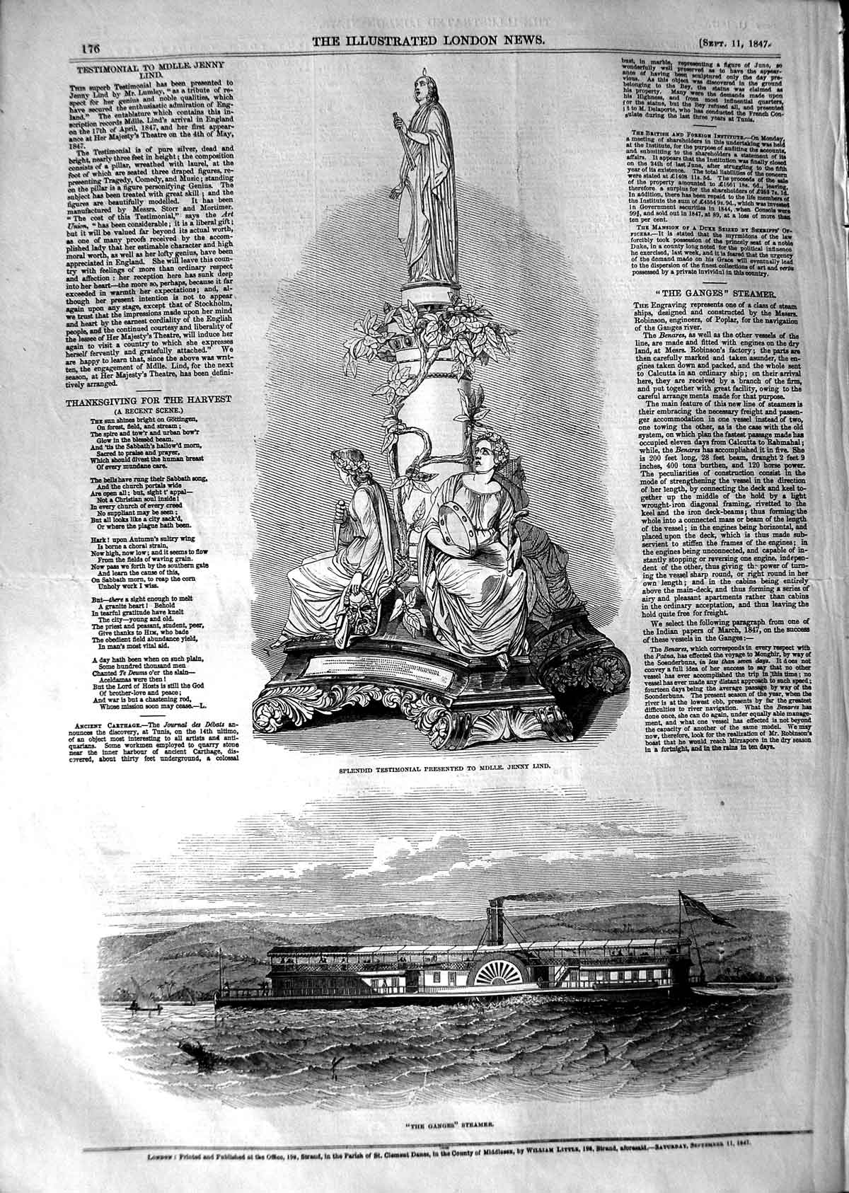 Original Old Antique Print 1847 River Gange Steamer Boat Testimonial Jenny Lind