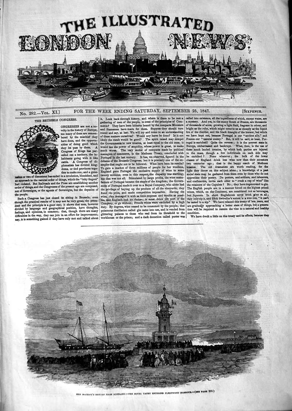 Old Antique Print 1847 Queen Royal Yacht Ship Entering Fleetwood Harbour 19th