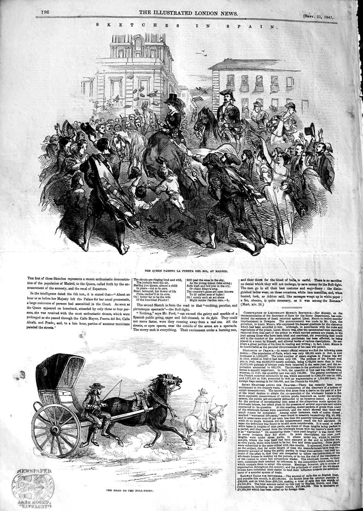 Original Old Antique Print 1847 Spain Queen Passing La Puerta Del Sol Madrid
