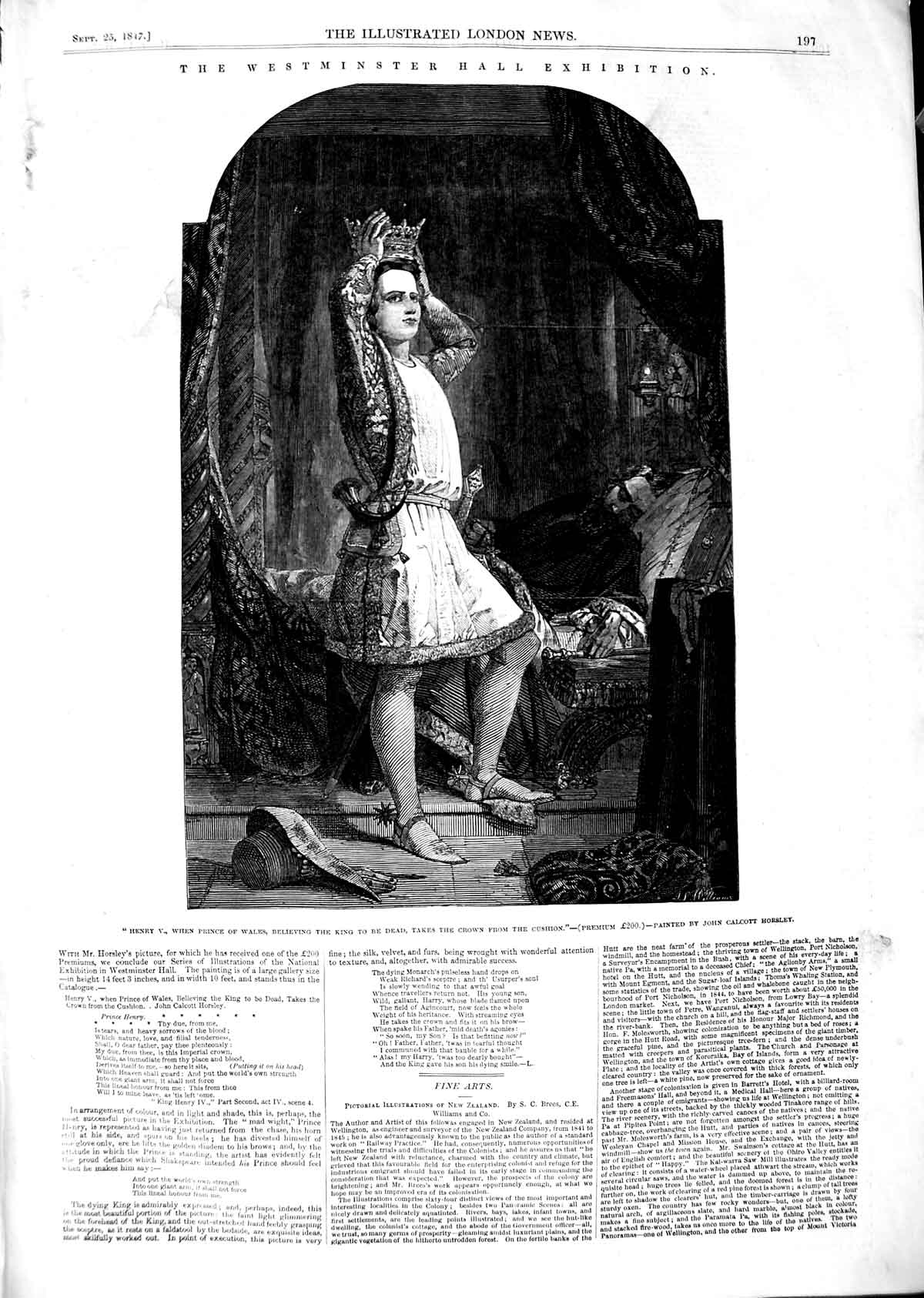 Old Antique Print 1847 Westminster Hall Art Exhibition Prince Wales Crown 19th