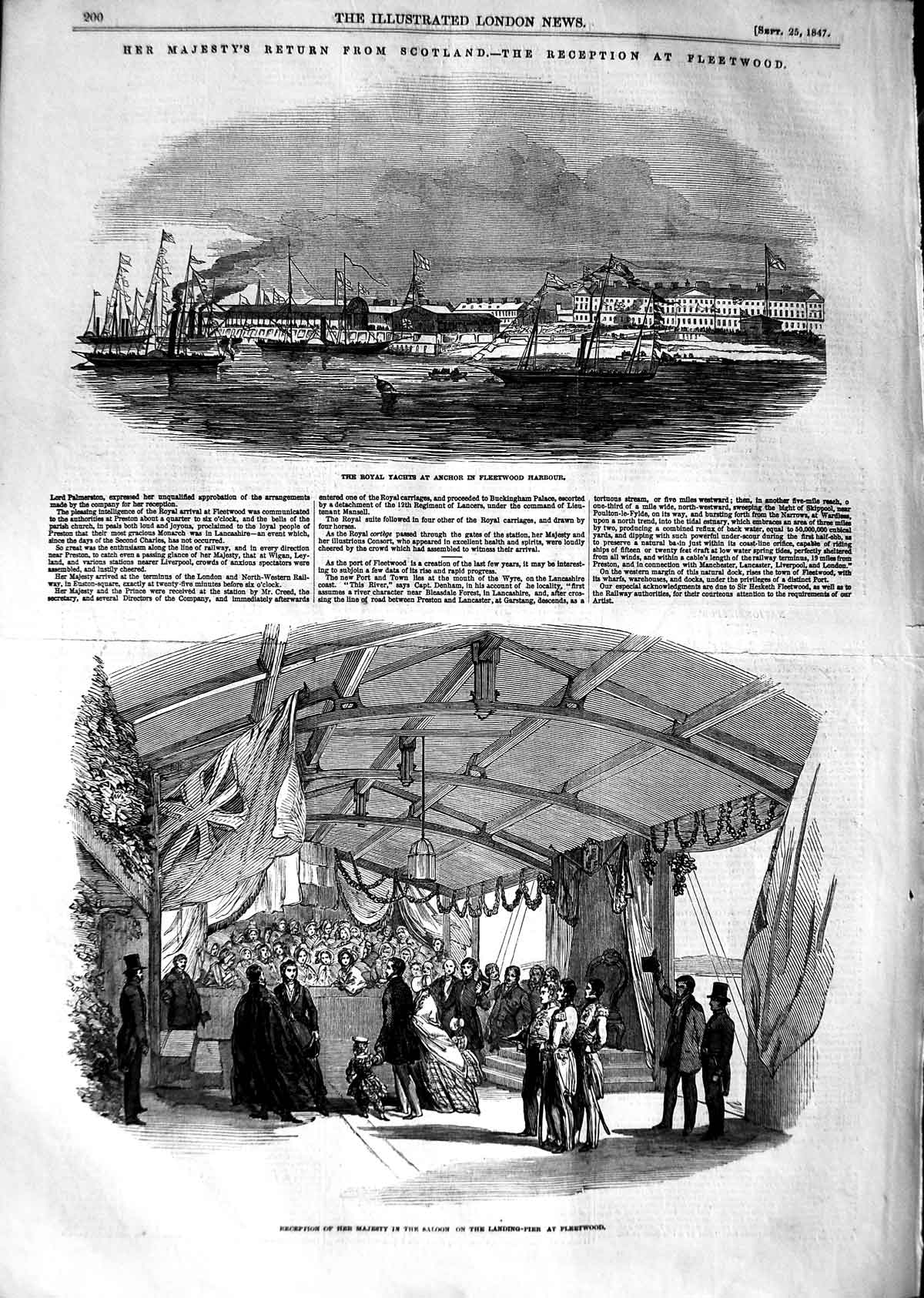 Original Old Antique Print 1847 Queen Royal Yachts Fleetwood Harbour Saloon