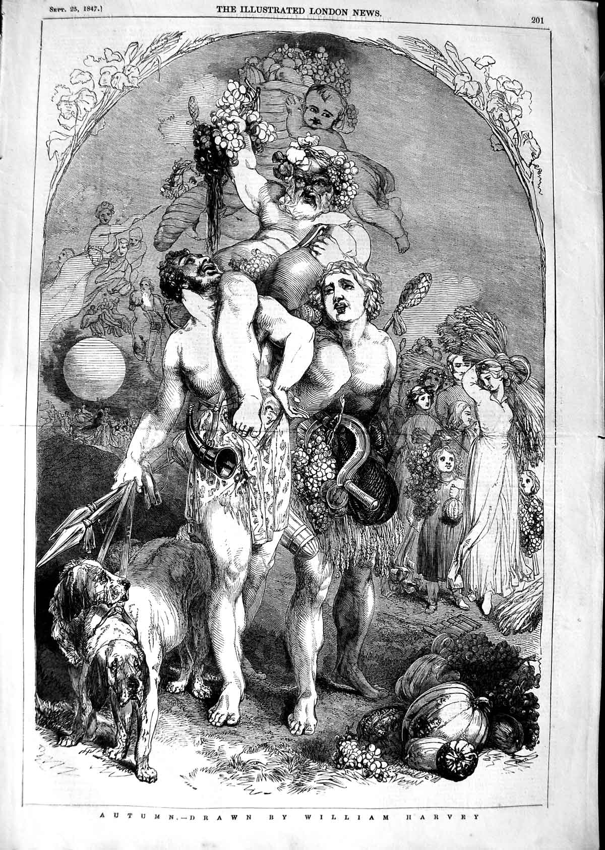 Original Old Antique Print 1847 William Harvey Drawing Autumn Agriculture Fruit