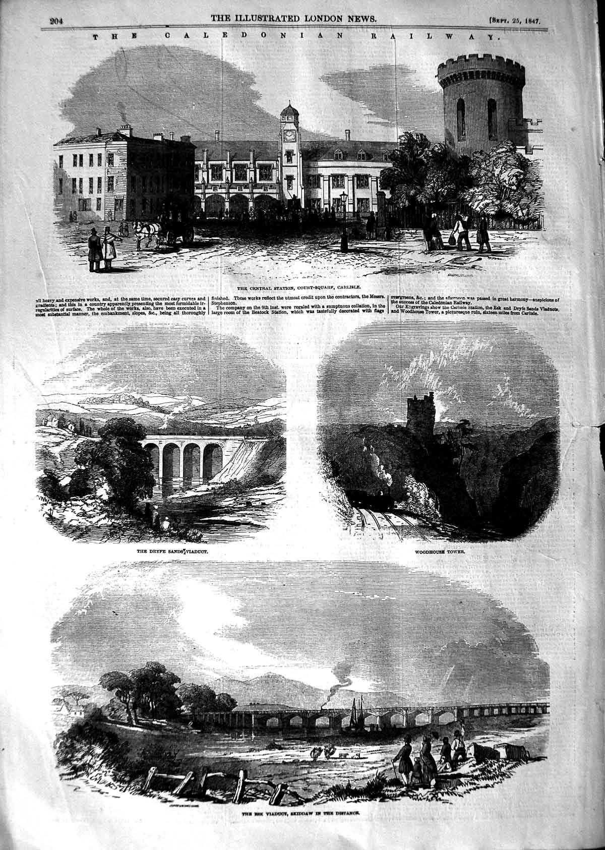 Original Old Antique Print 1847 Caledonian Railway Station Carlisle Esk Dryfe