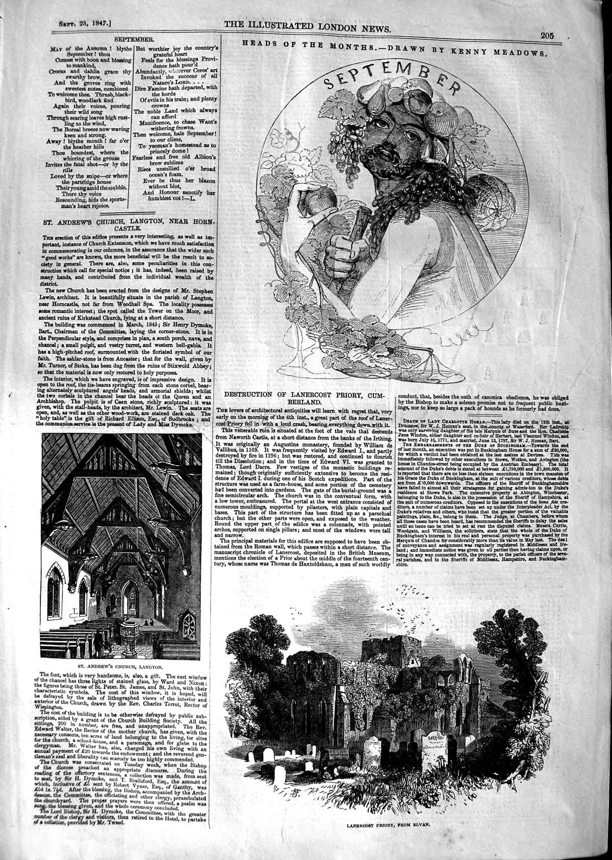 Old Antique Print 1847 St. Andrew'S Church Langton Lanercost Priory Elvan 19th