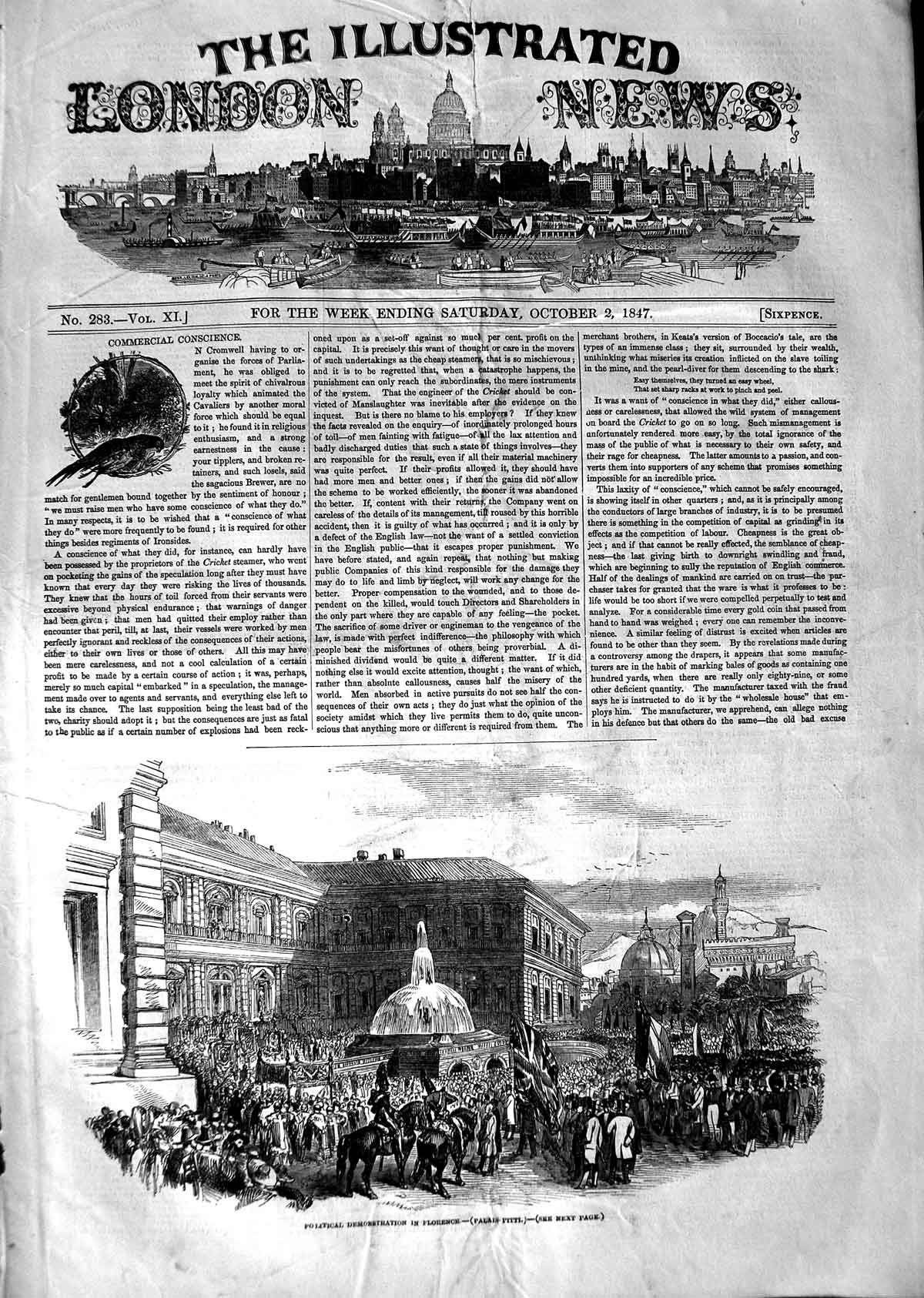 Original Old Antique Print 1847 Political Demonstration Florence Palais Pitti