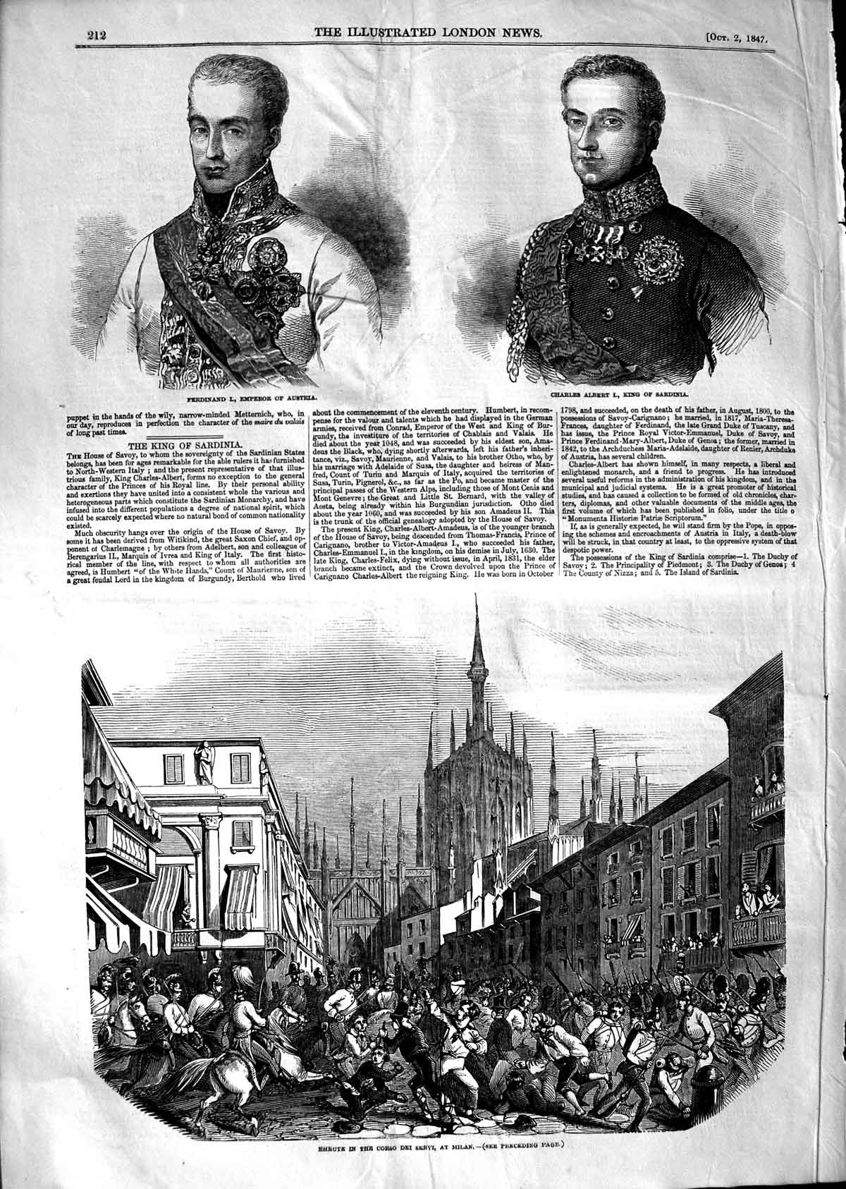Original Old Antique Print 1847 Ferdinand Emperor Austria King Sardinia Milan