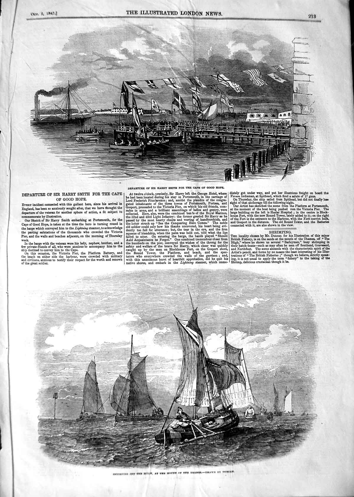 Old Antique Print 1847 Smith Cape Good Hope Shrimping Bligh Boat Thames 19th