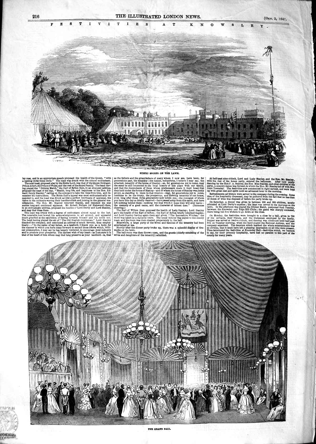 Original Old Antique Print 1847 Rustic Sports Lawn Knowsley Grand Ball Dancing