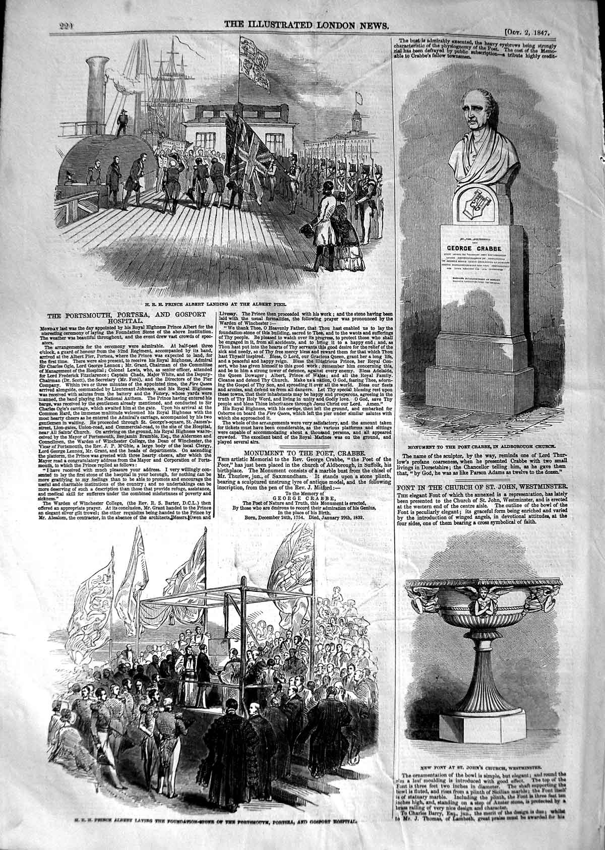 Original Old Antique Print 1847 Prince Albert Ship Portsmouth Poet Crabbe Font