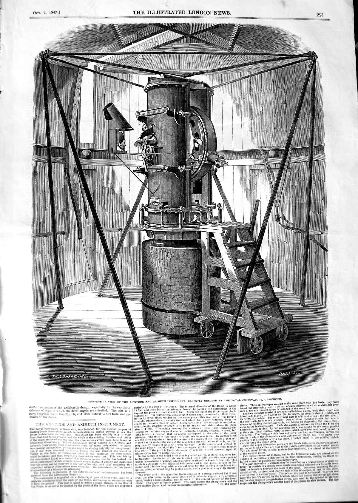 Old Antique Print 1847 Altitude Azimuth Instrument Observatory Greenwich 19th