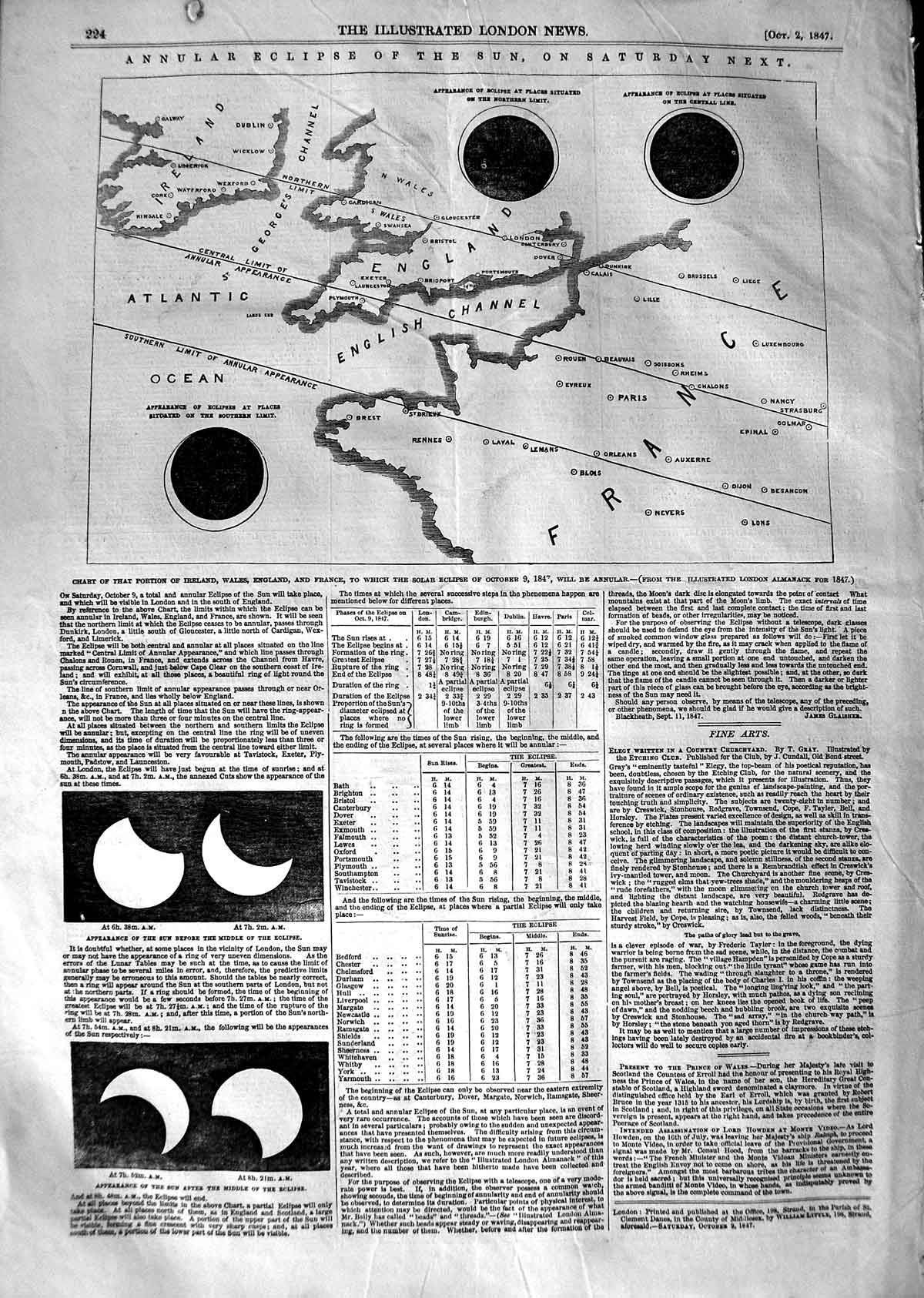 Original Old Antique Print 1847 Annular Solar Eclipse Sun Astronomy Victorian