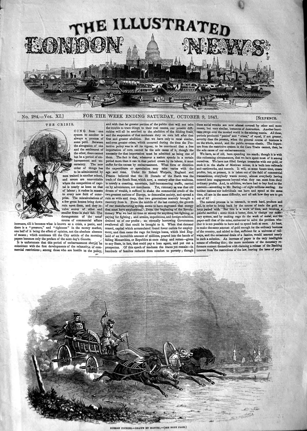 Original Old Antique Print 1847 Russian Courier Horses Cart 19th