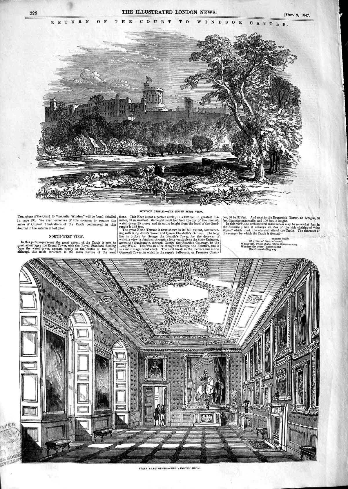 Old Antique Print 1847 Windsor Castle Vandyck Room Guard Chamber Dining 19th