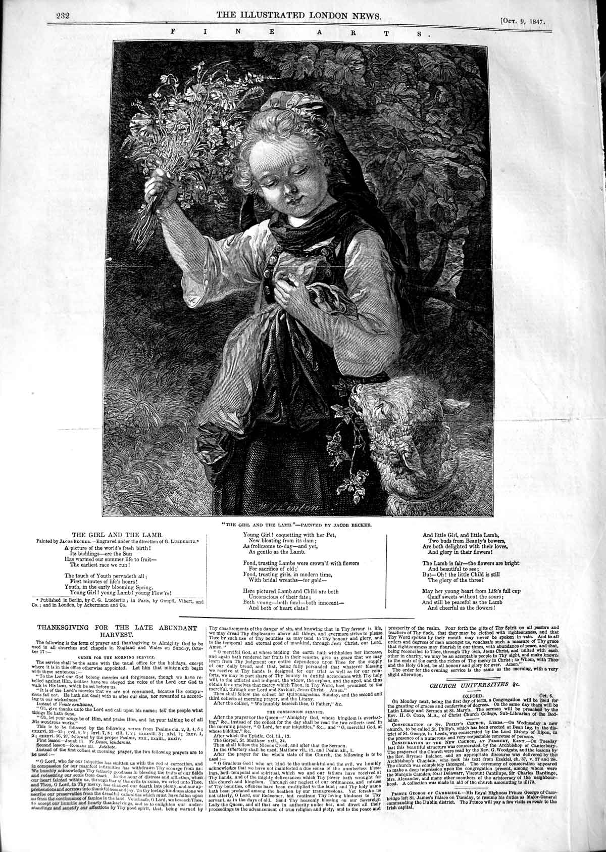 Original Old Antique Print 1847 Fine Art Becker Little Girl Lamb Spring Flowers