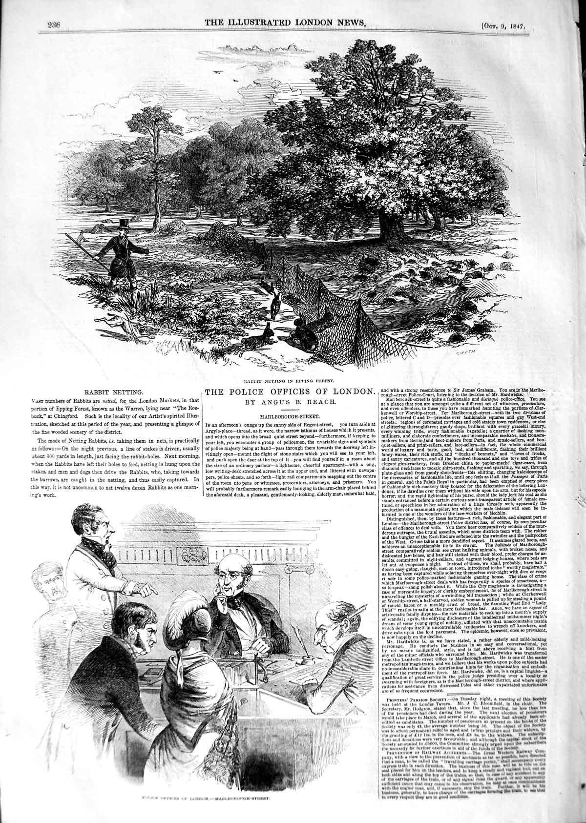 Old Antique Print 1847 Rabbit Netting Epping Forest Police Office London 19th