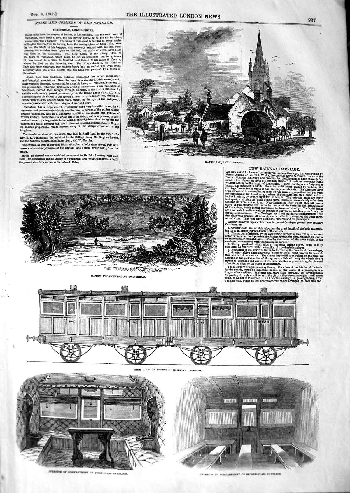 Original Old Antique Print 1847 Swinshead Railway Carriage Lincolnshire Train