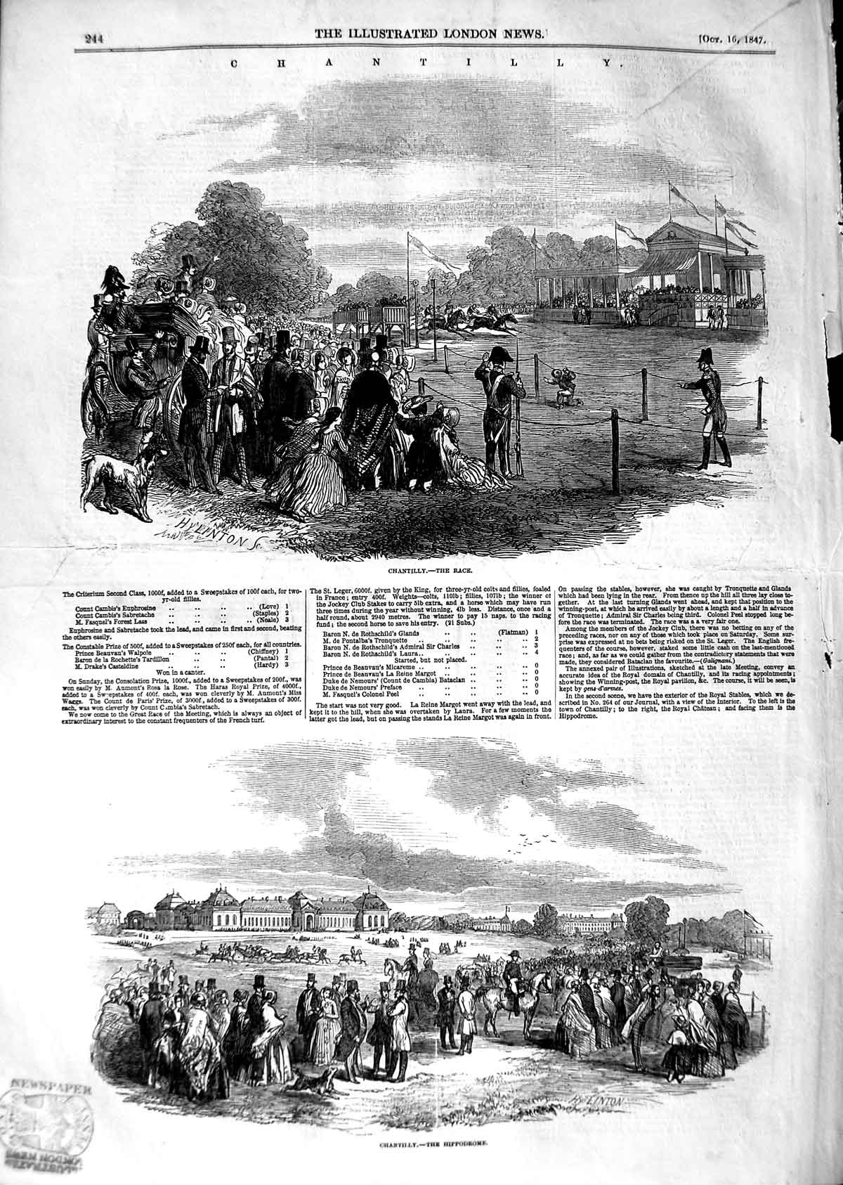 Original Old Antique Print 1847 Chantilly Horse Racing Hippodrome Sport 19th