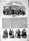 Original Old Antique Print 1847 Volks Feste Munich Tyrolsan Bavarian Costumes