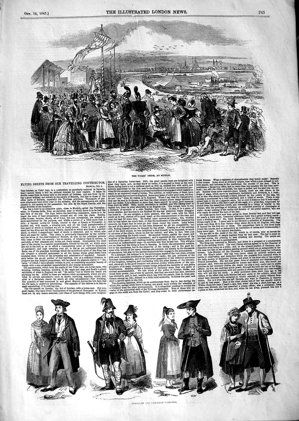 Original Old Antique Print 1847 Volks Feste Munich Tyrolsan Bavarian Costumes