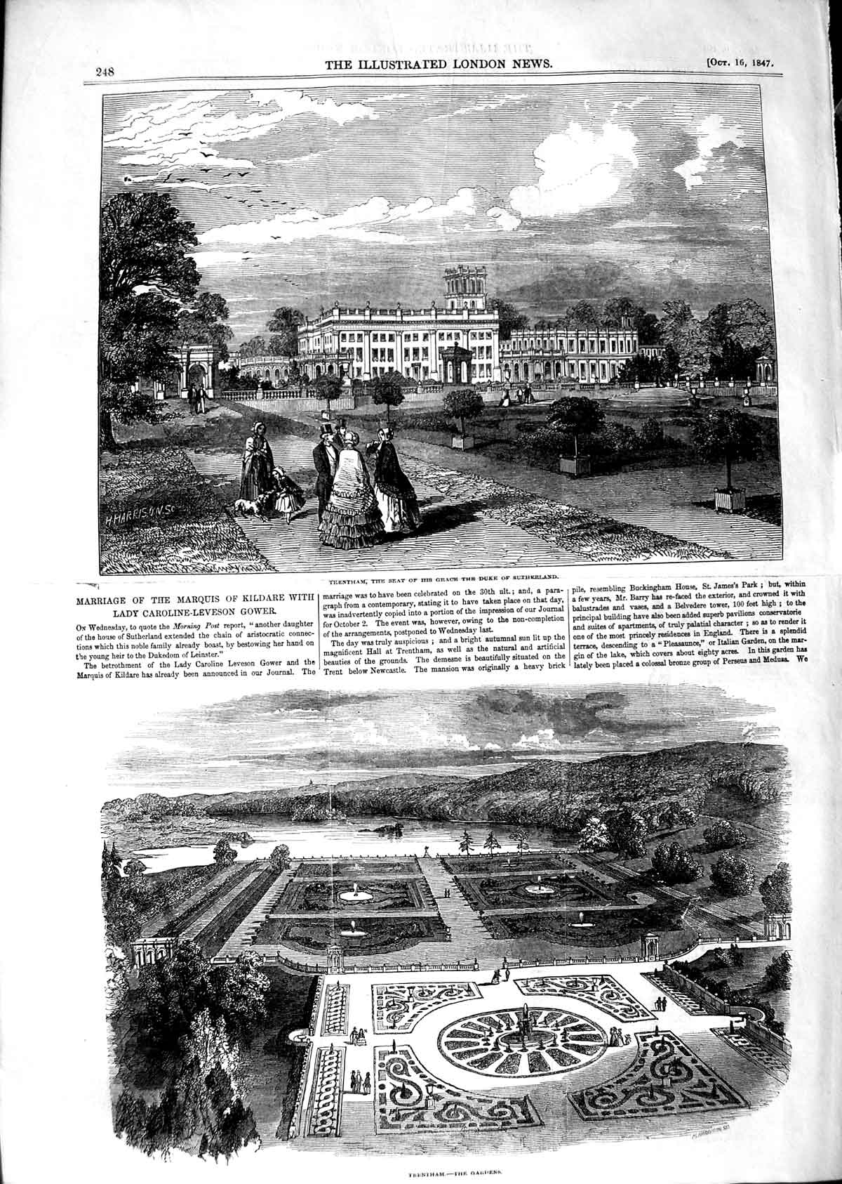 Original Old Antique Print 1847 Duke Sutherland Trentham Marquis Kildar 19th