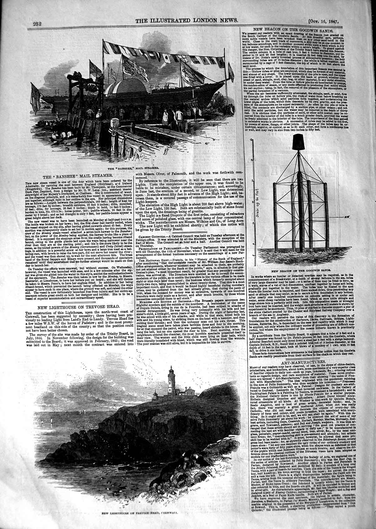 Original Old Antique Print 1847 Banshee Mail Ship Lighthouse Trevose Beaco 19th