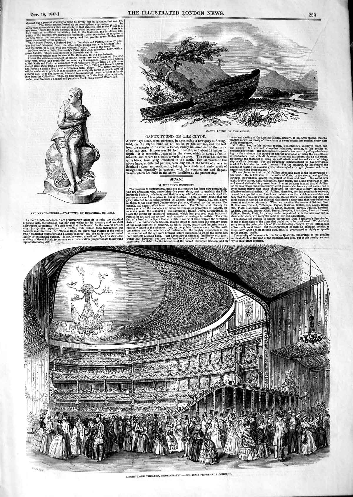 Old Antique Print 1847 Canoe River Clyde Statuette Dorothea Drury Theatre 19th