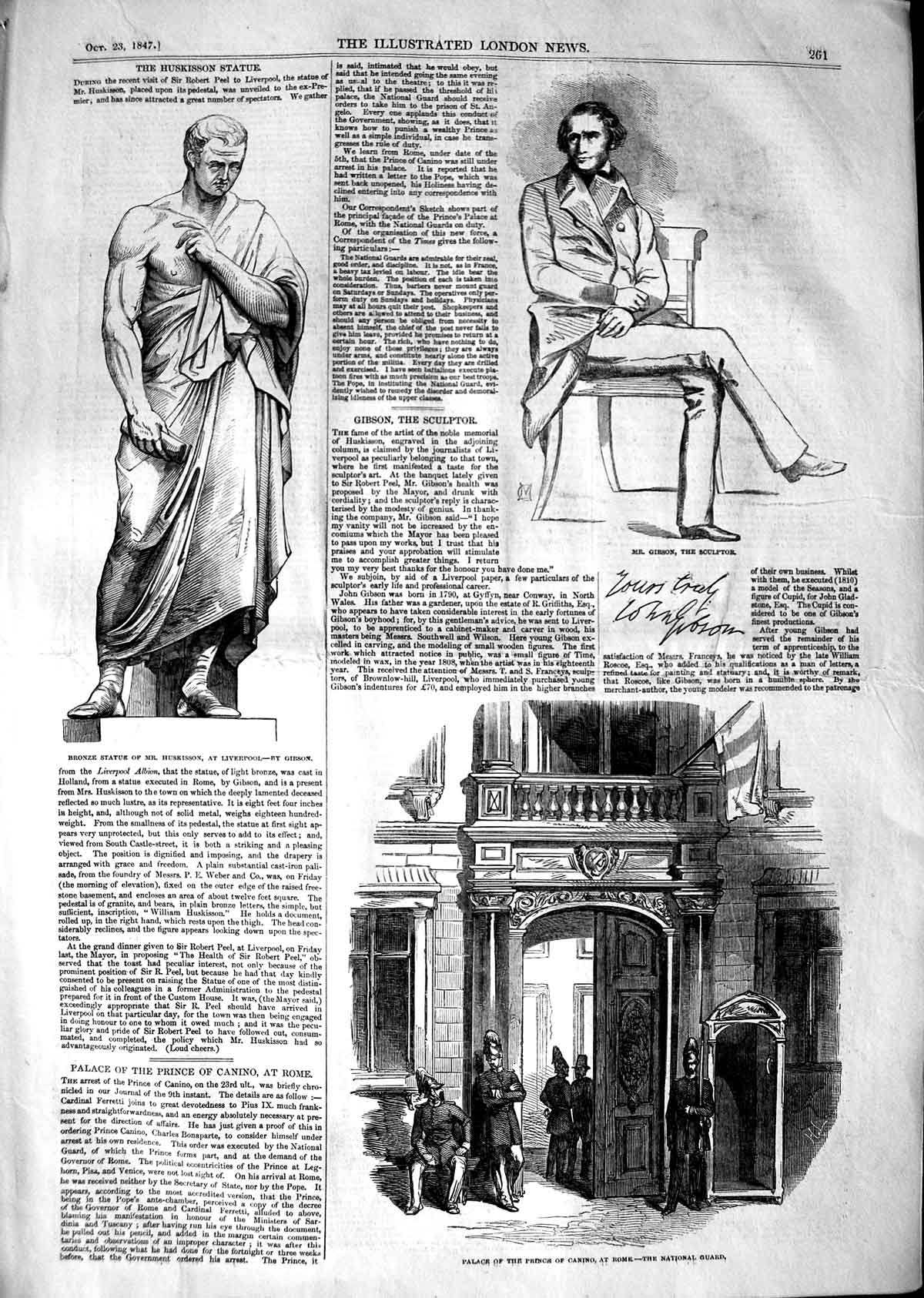 Original Old Antique Print 1847 Statue Huskisson Liverpool Gibson Pala Victorian