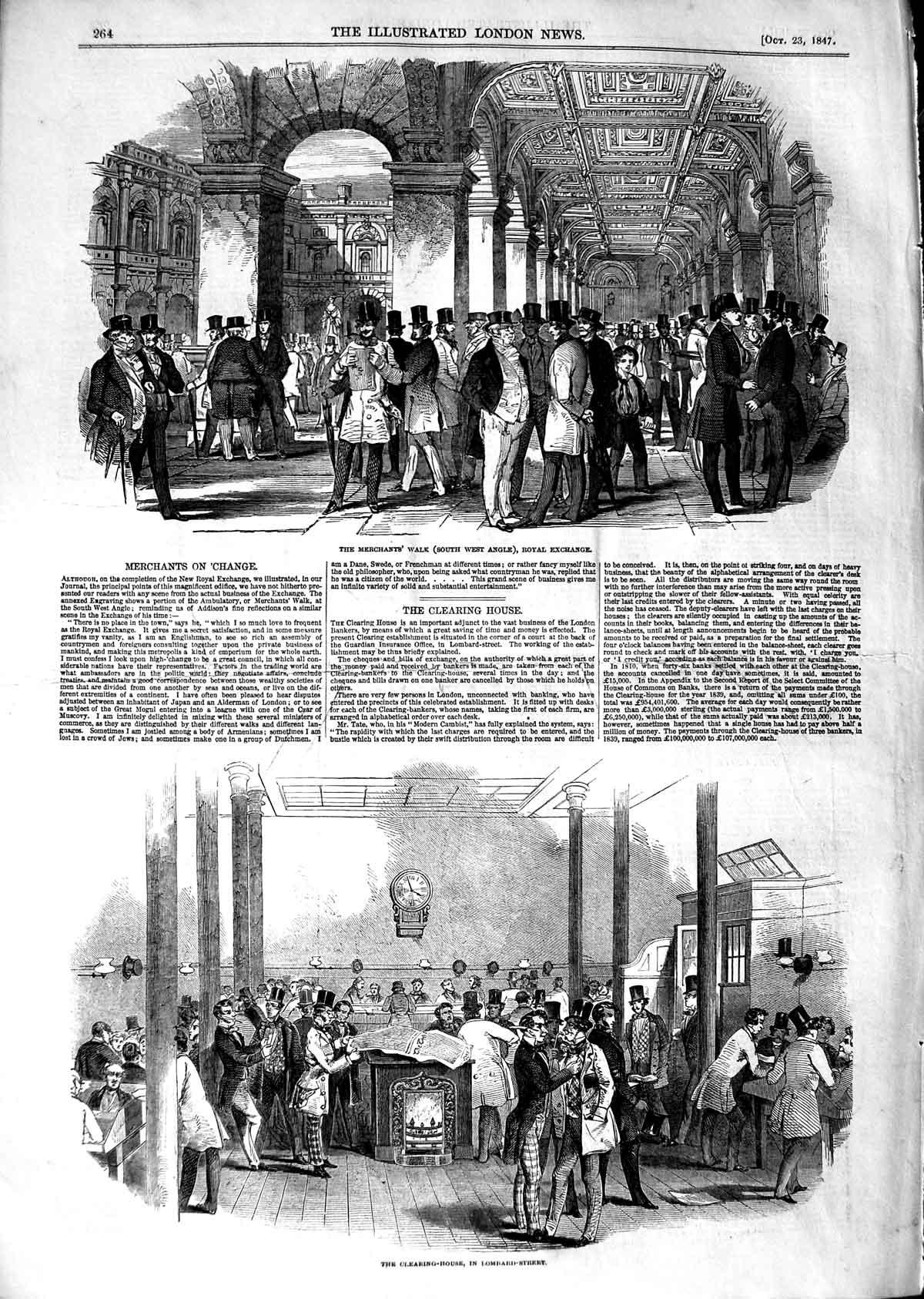 Original Old Antique Print 1847 Merchants Walk Royal Exchange Lombard Victorian