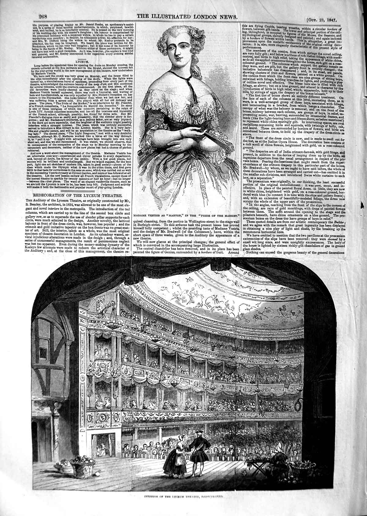Old Antique Print 1847 Lyceum Theatre Madame Vestris Marton Pride Market 19th