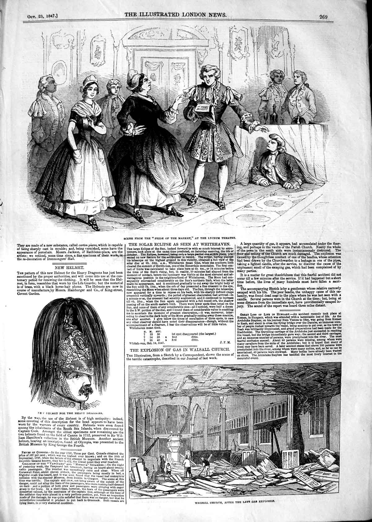 Old Antique Print 1847 Walsall Church Gas Lyceum Theatre Dragoon Helmet 19th