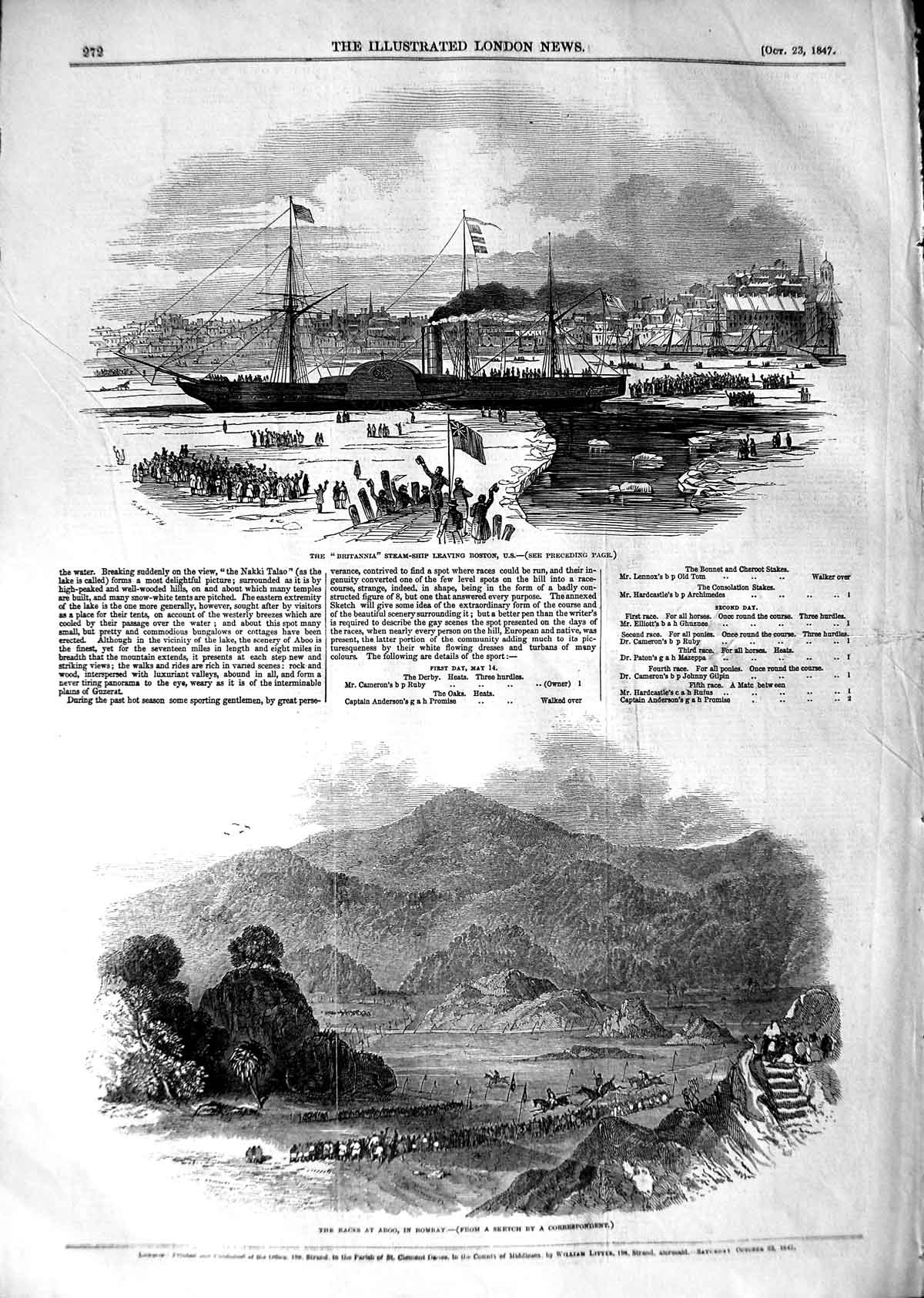 Original Old Antique Print 1847 Britannia Steam Ship Boston Races Aboo Bombay