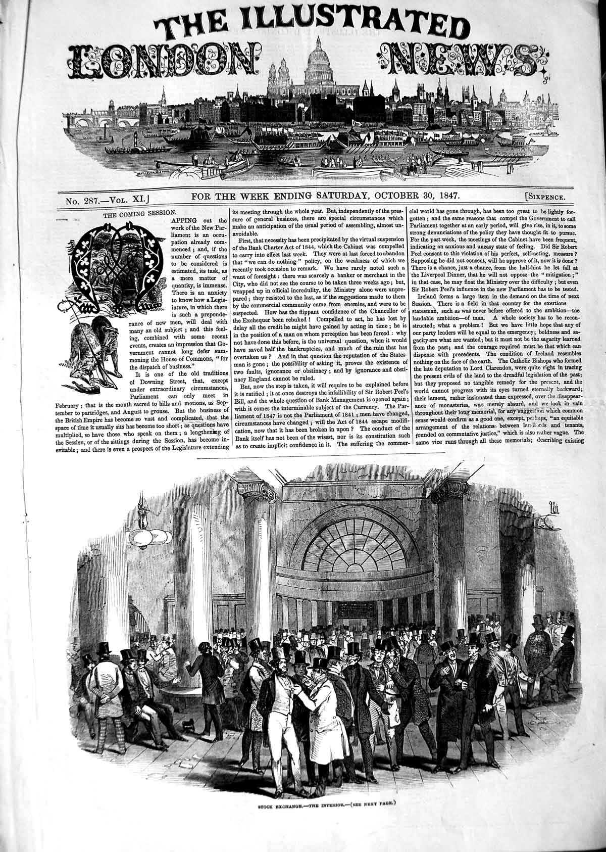 Old Antique Print 1847 Interior View Stock Exchange Men Meeting Building 19th