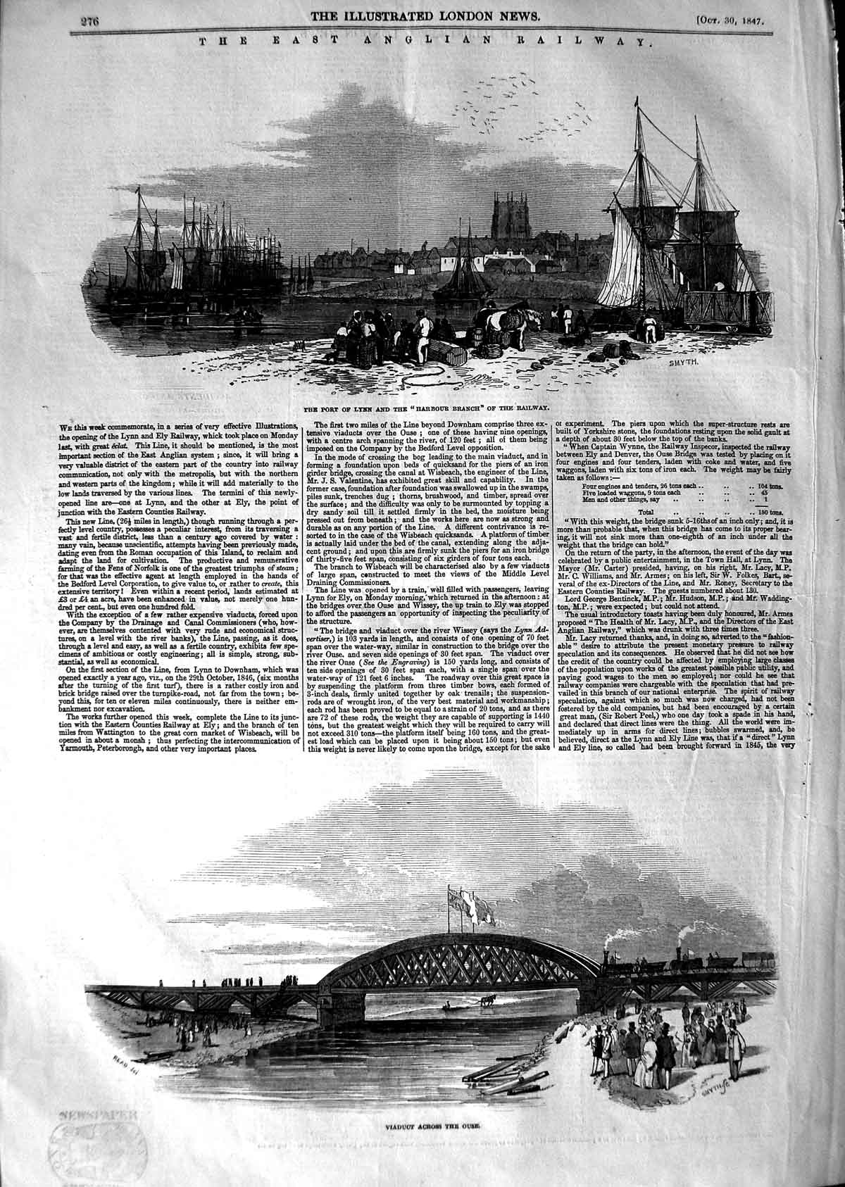 Original Old Antique Print 1847 East Anglian Railway Port Lynn Viaduct Ely 19th